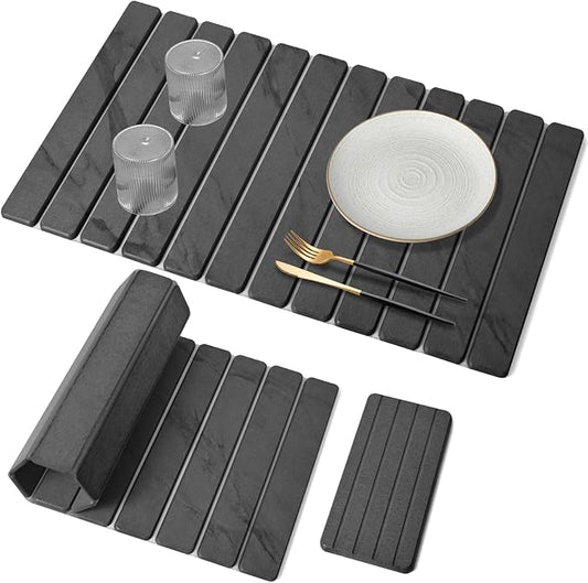 2 PCS Extra Large Stone Dish Drying Mat for Kitchen Counter, 28"×16" Marble Dish Drying Mat with 8"x 4" Coasters, Non - Slip Collapsible Absorbent Mat for Multi - Purpose, Match Any Countertop