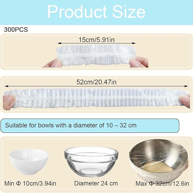 300pcs Plastic Bowl Covers Food Cover, Food Fresh Keeping Bags Elastic Reusable Plastic Stretch Elastic Food Storage Covers Kitchen Dining Plate Bread Proofing Universal Kitchen Wrap (White-L)