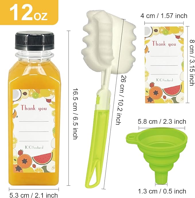 48 Pack 12oz Clear Reusable Plastic Juice Bottles with Caps, Food Grade BPA-Free Leak Proof Juicing Containers with 48 Labels & brush& Silicone Funnels for Homemade Juice, Smoothies & Travel