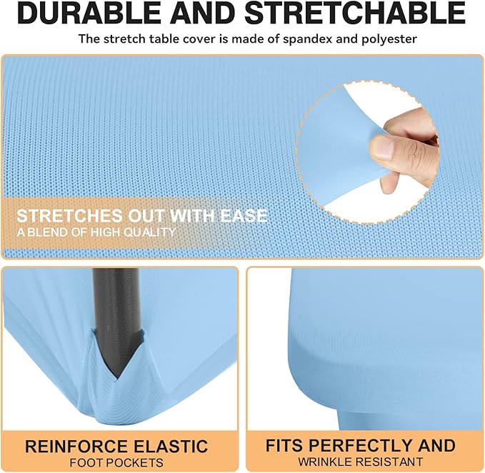 2 Pack 6 Feet Light Blue Spandex Tablecloth for Rectangular Tables, Fitted & Stretch, Washable, Wrinkle Resistant, Perfect for Event, Wedding, Party, Banquet, Cocktail, Festival, and Table Protector