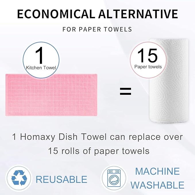 Homaxy 100% Cotton Terry Kitchen Towels(Pink, 13 x 28 inches), Checkered Designed, Soft and Super Absorbent Dish Towels, 24 Pack