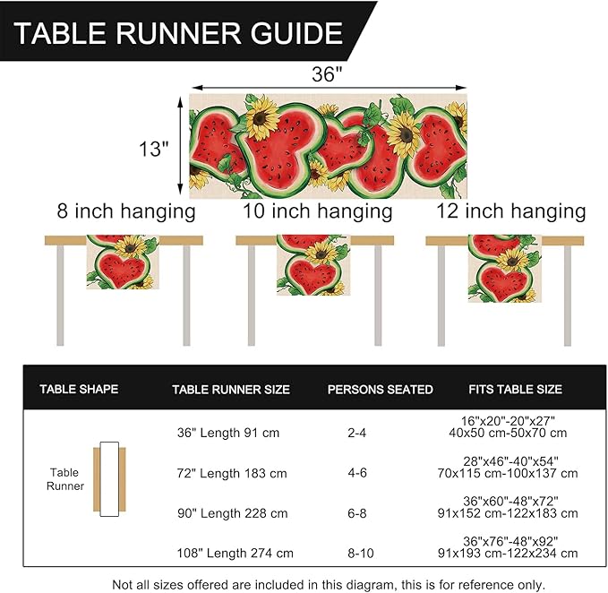 Seliem Summer Watermelon Table Runner, Love Heart Melon Fruit Sunflower Kitchen Dining Table Decor, Seasonal Burlap Home Decoration Indoor Outdoor Party Supply 13 x 36 Inch