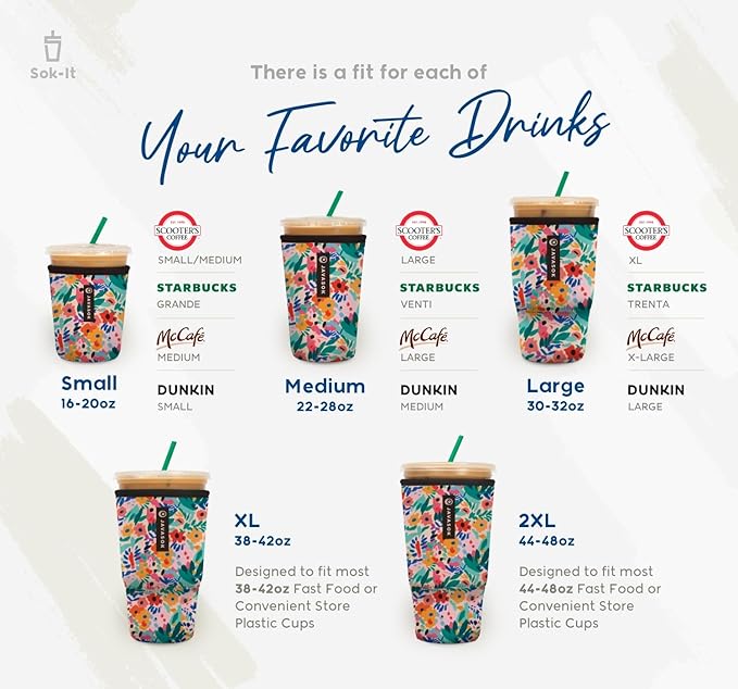 Sok It JavaSok Iced Coffee & Cold Soda Insulated Neoprene Cup Sleeve (English Garden Picnic, S/M/L 3-Pack)
