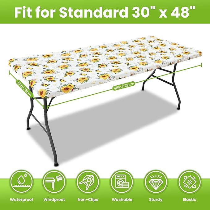 Smiry Spandex Fitted Tablecloth for 4 Foot Rectangle Tables, Washable Picnic Table Cover with Elastic, Stretch Reusable Table Cloth for Outdoor, Camping, Dining & Kitchen (Sunflower, 30"x48")