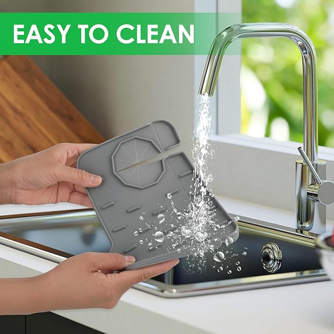Sink Faucet Splash Guard Mat Silicone Soap Dish Pad Faucet Handle Drip Catch Sponge Holder Sink Protector Trays for Bathroom Kitchen Countertop Gadgets Accessories 8.3 x 5.7 Inch