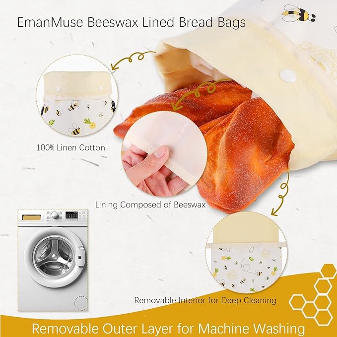 Removable Beeswax Bread Bag for Sourdough & Homemade Bread - Detachable Liner for Easy Cleaning & Drying | 1 Pack XL Reusable | Eco Cotton/Linen Storage