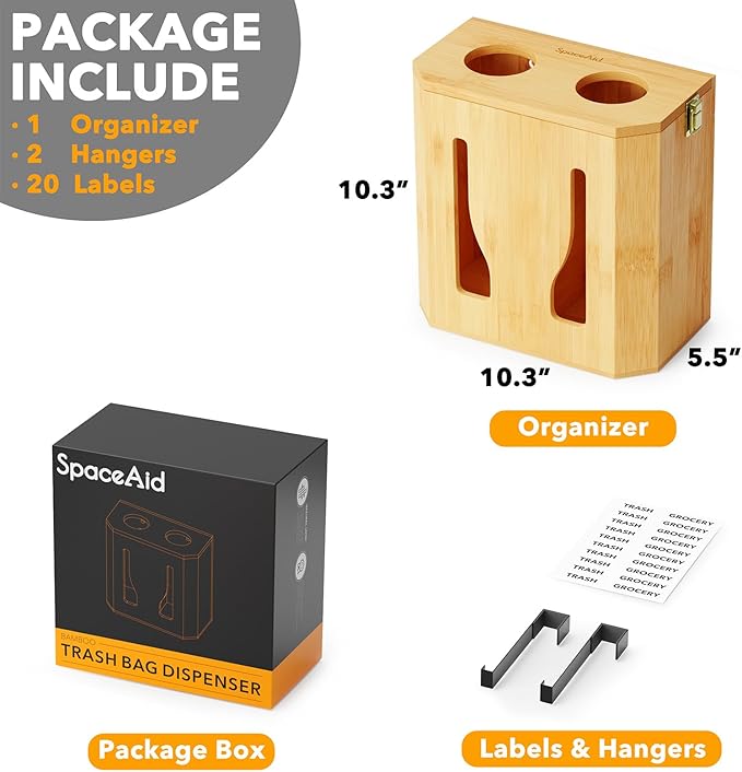 SpaceAid Bamboo 2 in 1 Garbage Bag Roll Holder & Dispenser, Under Sink Organizer for Kitchen Storage