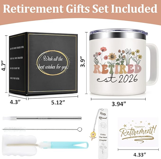 Lifecapido Retirement Gift for Woman, Retirement Gifts for Women 2026, 14oz Insulated Coffee Mug with Bookmark, Retired Birthday Gifts for Women Mom Grandma Teacher Nurse Coworkers