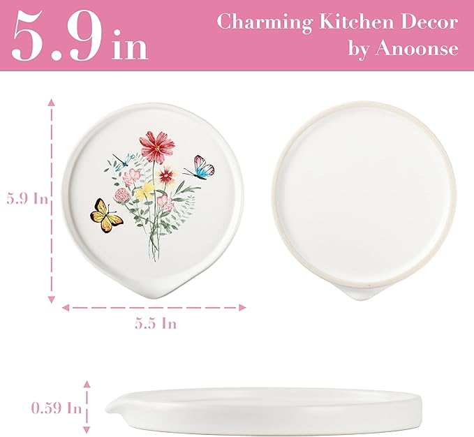 Ceramic Spoon Rest for Stove Top - Cute Spoon Holder for Kitchen Counter - White Coffee Spoon Rest Utensil Rest Spatula Rest - Farmhouse Kitchen Counter Decor (Butterfly Spoon Rest)