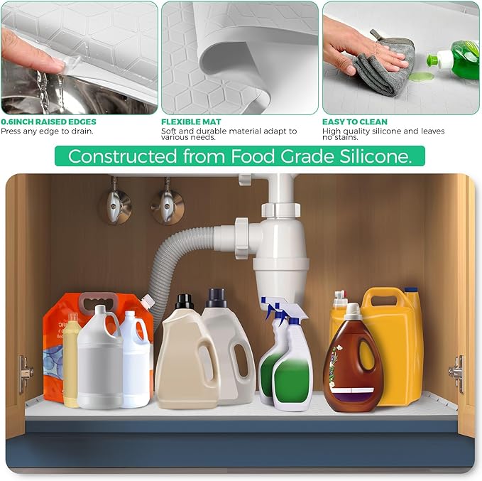 TRZZ Silicone Waterproof Under Sink Mat 34" x 19", Drip Tray and Cabinet Liner for Kitchen and Bathroom, Prevents Water Damage and Organizes Cabinets (Light Grey)