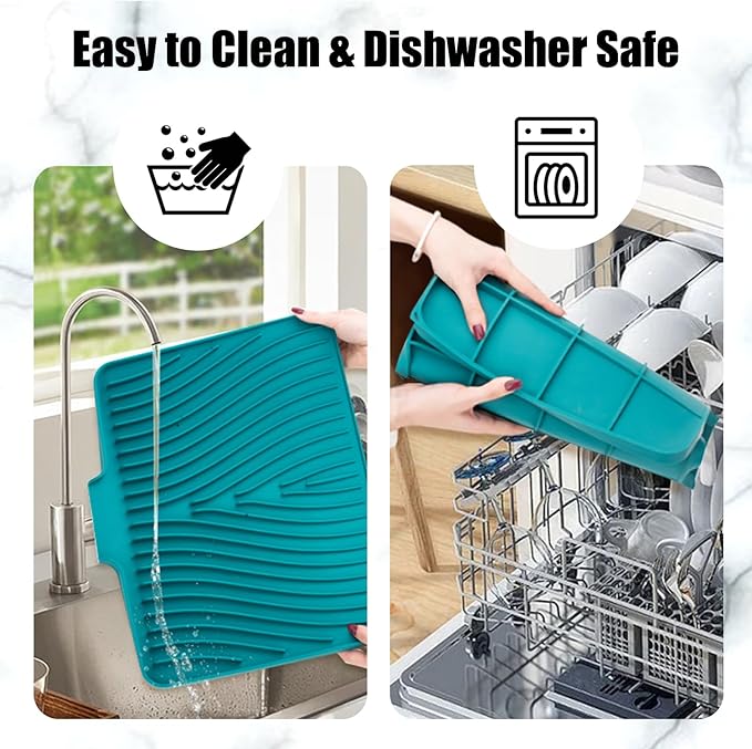 Silicone Dish Drying Mat for Kitchen Counter, Dish Drying Pad, Non-Slip Drain Pad with Built-in Drain, Heat Resistant Stone Drying Mat(16" x 12", Green)