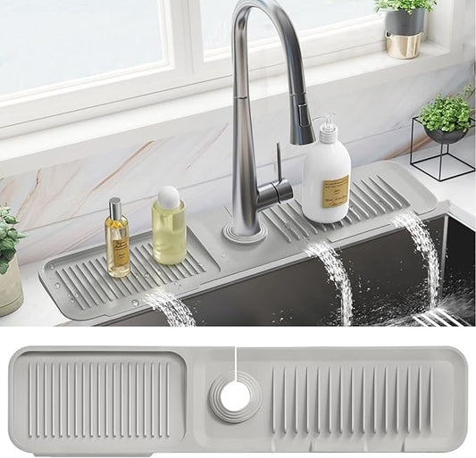 PoYang 24 Inch Faucet Mat for Kitchen Sink Splash Guard Behind Faucet, Sink Protectors for Kitchen Sink Faucet Mat Splash Guard for Kitchen Sink Area, Longer Faucet Guard & Draining Mat, Light Grey