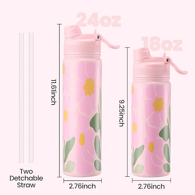 Fijinhom 24 oz Insulated Water Bottle, 2-in-1 Straw and Spout Lid Stainless Steel Thermos, Leak-Proof, Double Wall Vacuum Flask, Keep Cold 24H for Outdoor, Sports, Travel, School (Flower)
