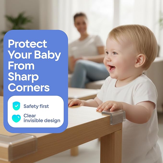 8-Pack Baby Proof Corner Protectors, Clear Furniture Safety Bumpers, Soft Rubber Foam Cushion Guards with Pre-Applied Adhesive, Child Proofing Pads for Tables, Cabinets, Desks, Glass Surfaces
