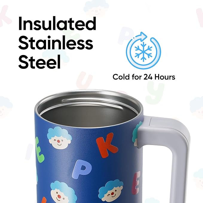Fijinhom 25 oz Insulated Tumbler with Handle, Stainless Steel Insulated Water Bottle Coffee Mug with Straw, Coffee Cups, Cute Water Bottle for Sports, Travel, Lunch, Alphabet Bubs