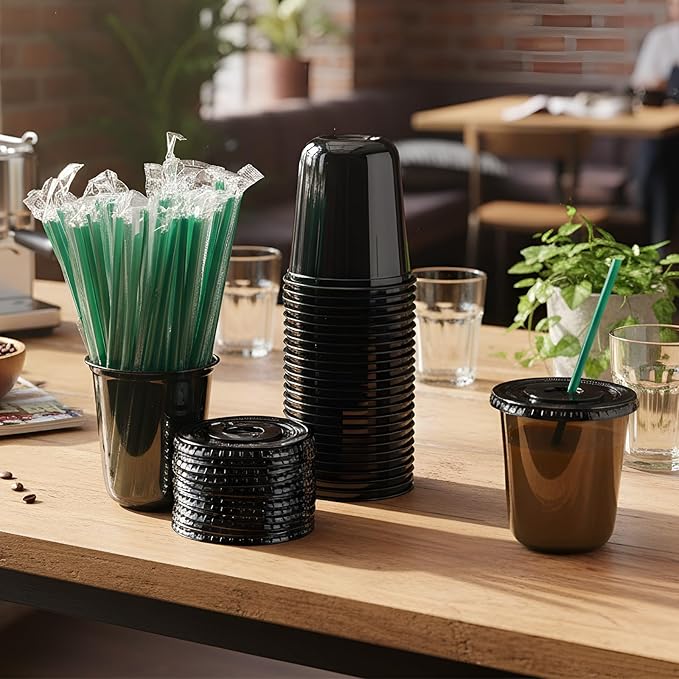 Baderke 25 Set Plastic Cups with Lids and Straws, Disposable Plastic Iced Coffee Cup for Cold Beverage Juice Smoothie Crystal for Coffee Shops Party Catering(Black,14 oz)