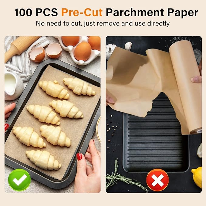 Parchment Paper Sheets, 9x13 In Unbleached Non-Stick Parchment Paper for Baking, Grilling, Air Fryer, Steaming, and More,100PCS Baking Paper Perfect for Bread, Cakes, Cookies
