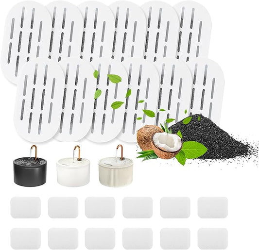 MISFANS Ceramic Cat Water Fountain Filters, 12 Pack Replacement Filters & 12 Pack Replacement Pre-Filter Sponges Set for MISFANS and Other Ceramic Pet Fountain Water Dispenser