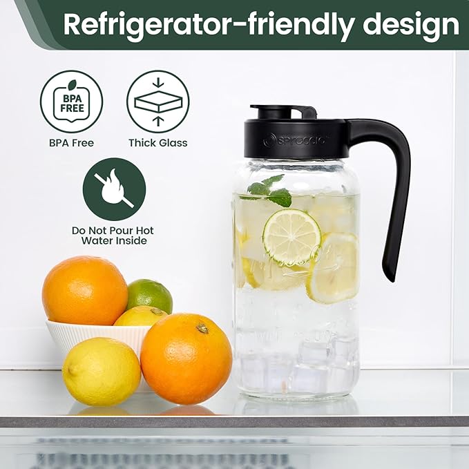Mason Jar Pitcher - Airtight & Leakproof Glass Pitcher with Lid, Perfect for Breastmilk, Cold Brew, and Sun Tea, 2 Quart (64 oz) Mason Jar with Pour Spout Lid