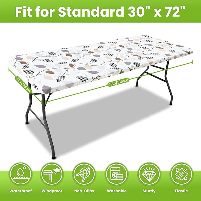 Smiry Spandex Fitted Tablecloth for 6 Foot Rectangle Tables, Washable Picnic Table Cover with Elastic, Stretch Reusable Table Cloth for Outdoor, Camping, Dining & Kitchen (Leaves, 30"x72")