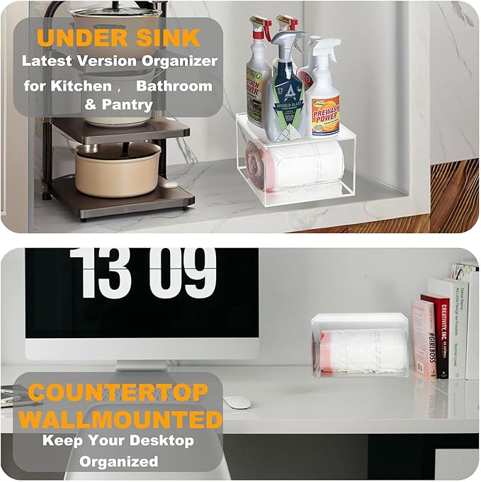 SEANADO Extra Large Trash Bag Dispenser Roll Holder with Lid - Wall Mount Acrylic Garbage Bag Stackable Storage Box for Kitchen Laundry Room Cabinet Organization