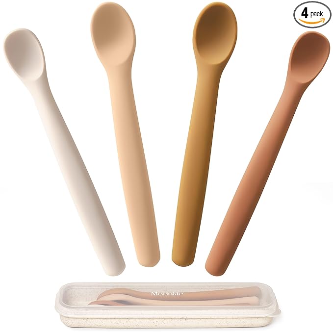 Moonkie Silicone Baby Spoons Set of 4, Toddler Spoons for Self Feeding 6 Months, Two Sizes Feeding Spoons for First Stage 4+ Months, Infant, Baby Utensils with Case, Bendable, Chewproof & Boil-proof