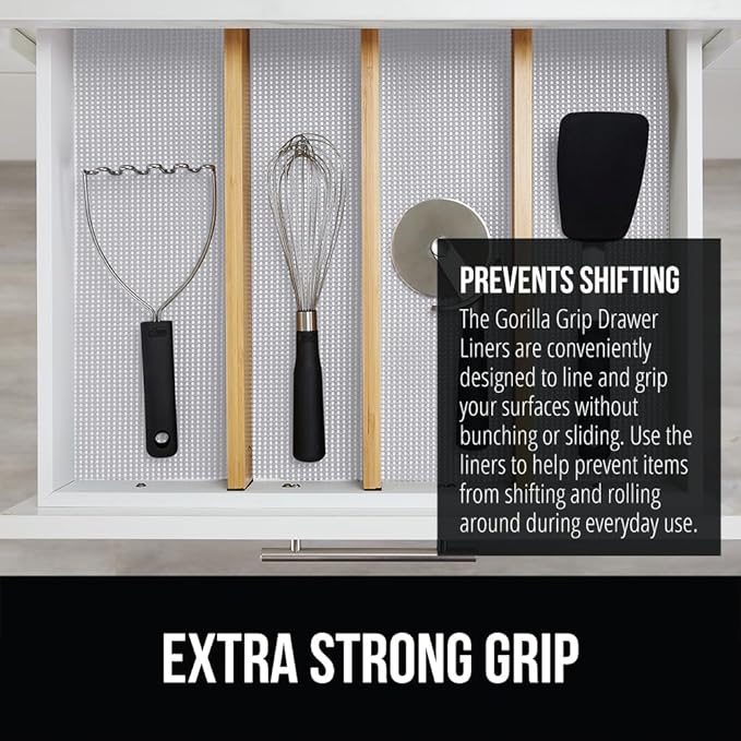 GORILLA GRIP powerGRIP Drawer Shelf and Cabinet Liner, Thick Strong Hold, Non-Adhesive Liners Protect Kitchen Cabinets and Cupboard, Bathroom Drawers, Easy Install, Breathable Mat, 17.5" x20', Lt Gray