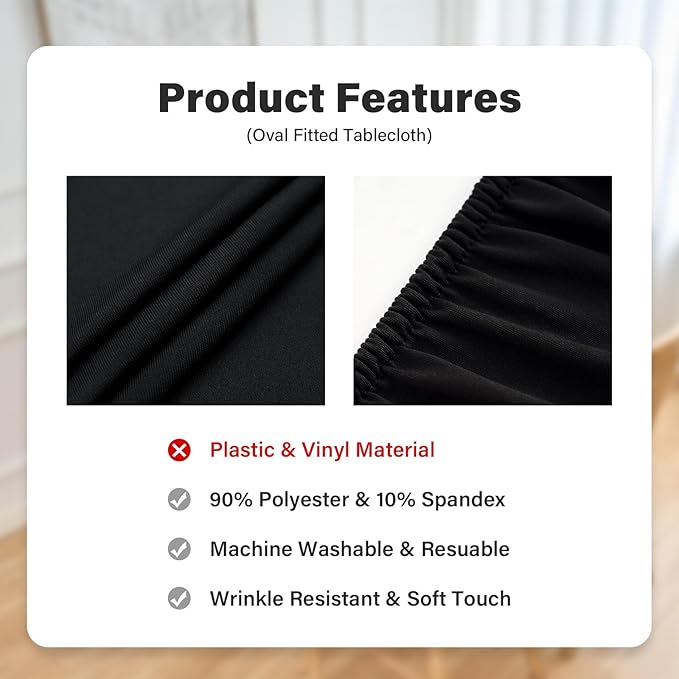 NEWISHER Fitted Oval Tablecloth 48 x 68 Inch Elastic Table Cloth, Stretch Spandex Table Cover Black Washable Polyester Top Cap Cover for Dining Picnic Camping Indoor and Outdoor
