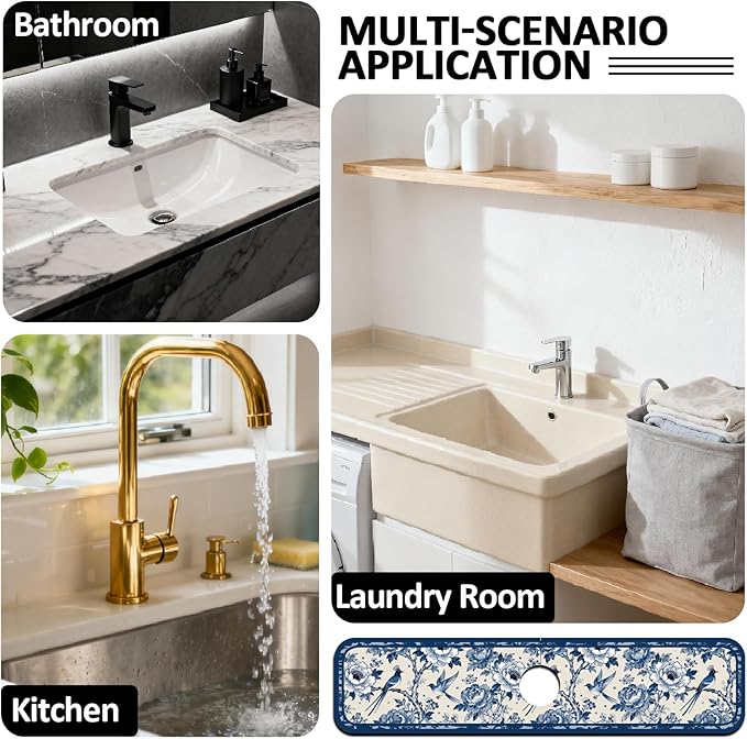 2 Pcs Kitchen Sink Splash Guard Faucet Mats Vintage Porcelain Flowers and Birds Pattern Faucet Mat for Sinks Absorbing Drying Mat for Kitchen Bathroom, 23.6x5.5inch