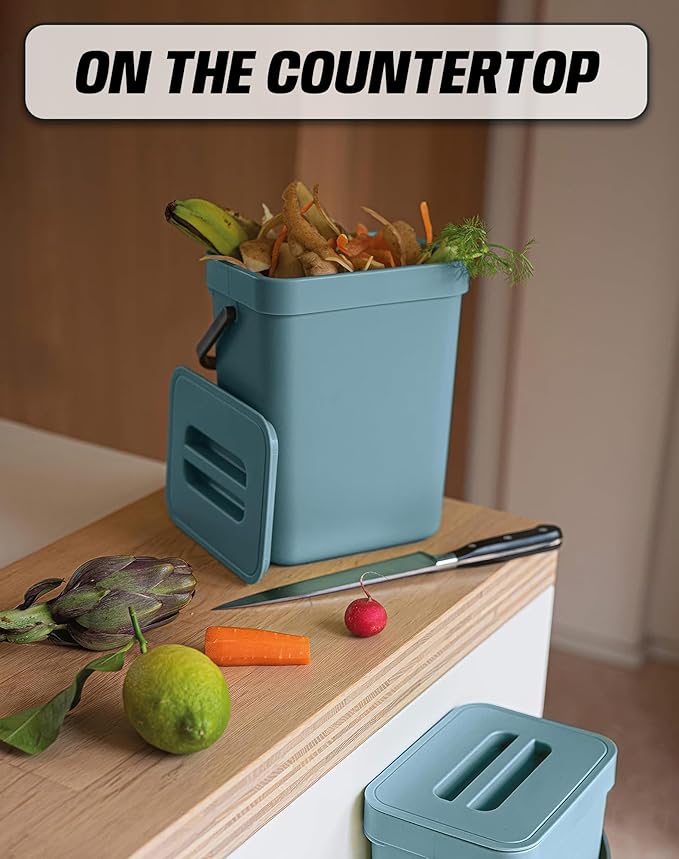 1.3 Gallon Small Trash Can with Lid - Countertop Food Waste Bin, Kitchen Hanging Trash Can for Cabinet Door/Under Sink, Small Garbage Can for Desk, 5L(Subtle Blue)
