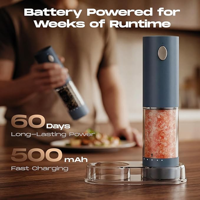 Electric Salt and Pepper Grinder Set, Rechargeable Automatic Salt and Pepper Shaker with 6 Adjustable Coarseness, Large-Capacity Pepper Mill Kitchen Appliances Gifts for Women(Blue）