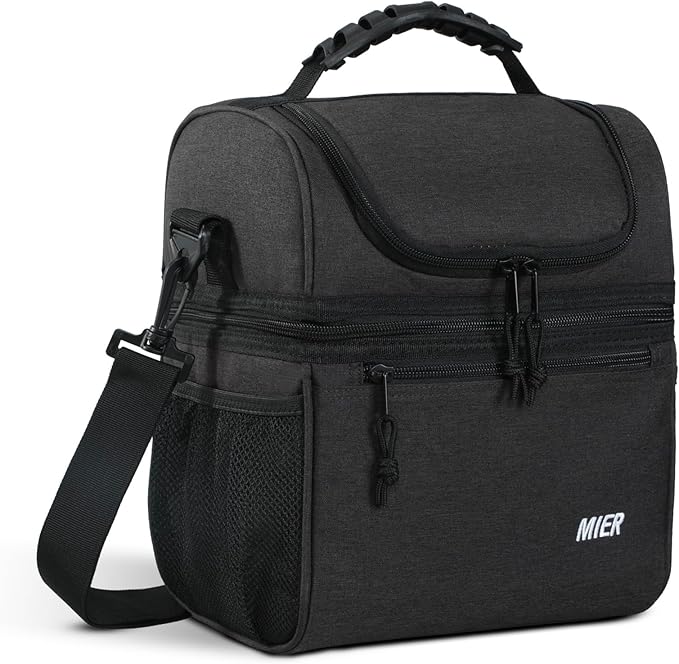 MIER Insulated Lunch Box Dual Compartment Lunch Bag Leakproof Cooler for Men Women Adult Work, Dark Grey, Medium (Upgraded Extra-Tall Bottom Layer)