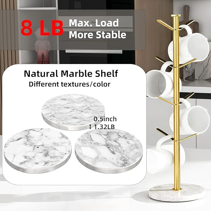 Gypie Gold Mug Holder Tree with Marble Base, 8 Hooks Coffee Cups Holder Stand, New Upgrad Stable Removable Mug Rack for Kitchen Cafe