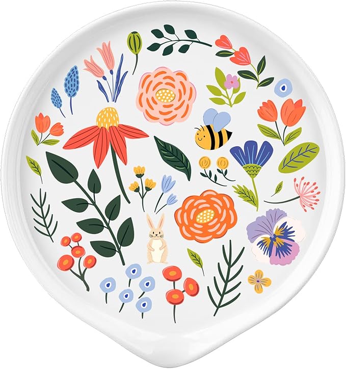 Ceramic Spoon Rest for Stove Top - Cute Spoon Holder for Kitchen Counter - White Coffee Spoon Rest Utensil Rest Spatula Rest - Farmhouse Kitchen Counter Decor (Floral Spoon Rest)