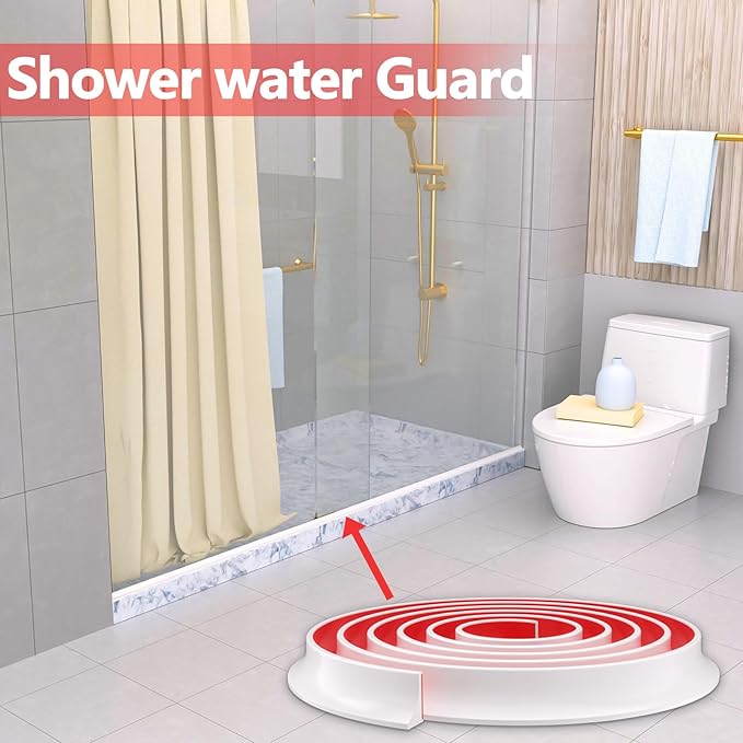 New Collapsible Shower Threshold Water Dam, Self Adhesive Silicone Waterproof Barrier Bathroom and Kitchen Water Strip Dam Shower Guard for Dry And Wet Separation Caulk Seal Strip Edge Trim(White)