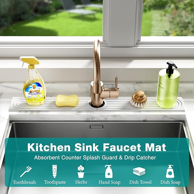 Stone Faucet Mat for Kitchen Sink - Quick Dry Diatomite Sink Splash Guard, Prevents Moisture Buildup & Water Stains, Water Absorbing Stone Tray for Bathroom Countertop (White, 20" x 4")