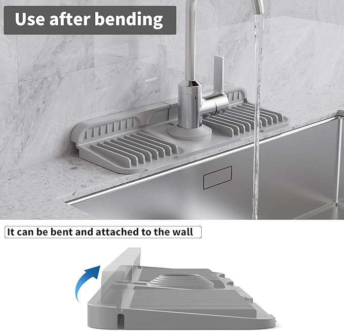 WAFT YEARN 14X5 Inch Silicone Durable Faucet Mat Kitchen Sink Splash Guard Draining Protector Tray Liner Absorbent Protective Counter Accessories For Sink Kitchen Bathroom Laundry Room Bar & RV Grey