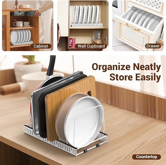 Housolution Cutting Board Organizer Rack, Baking Tray and Cookie Sheet Organizer with 7 Adjustable Dividers, Bakeware Muffin Tin Cupcake Pan Storage Organizer for Cabinet, White