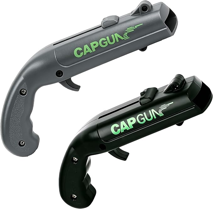 Cap Gun Bottle Opener, 2 Pack Bottle Cap Launcher Shooting Gun, Funny Party Opener for Men, Cool Gadget Present for Him - Black & Gray