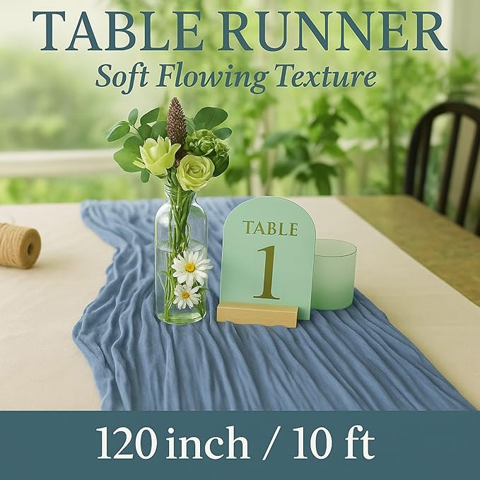 12 Pack Dusty Blue Cheesecloth Table Runner – 10FT Gauze Boho Table Runners for Wedding, Baby Shower, French Blue Bridal Party, Rustic Vintage Event Decor
