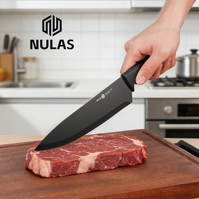 Knife Set, 8-Piece Kitchen Knife Set with Universal Block - Anti-Rust Chef Knives, Ergonomic Design, Dishwasher Safe (Black)