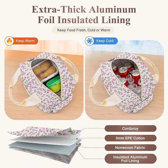 KUBYA Lunch Box for Women, Cute Flower Corduroy Insulated Lunch Bag Women Reusable Work Leakproof Simple Adults Large Lunch Boxes Tote Bag Men Cooler Bag