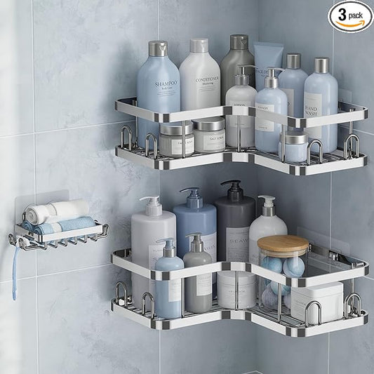 Veken Corner Adhesive Shower Caddy 3-Pack with Soap Holder&Hooks,No Drilling Shower Shelves,Rustproof & Waterproof Bathroom Organizers and Storage,Rack for Small Spaces, Kitchen&Rental-Friendly,Silver