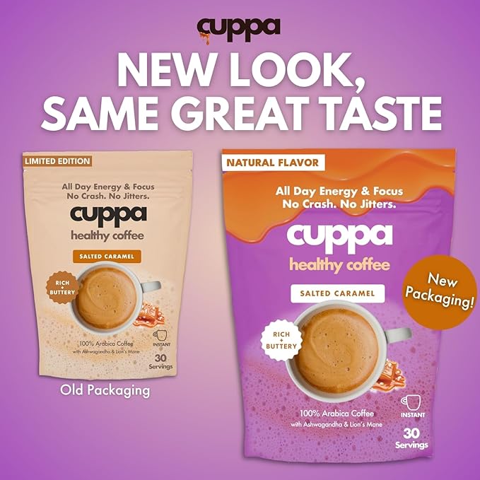 Cuppa Salted Caramel Mushroom Coffee with Adaptogens & Superfoods - Lion’s Mane, Ashwagandha & Cordyceps. Adaptogens + MCT to support natural energy, mental focus & gut health (60 Servings)