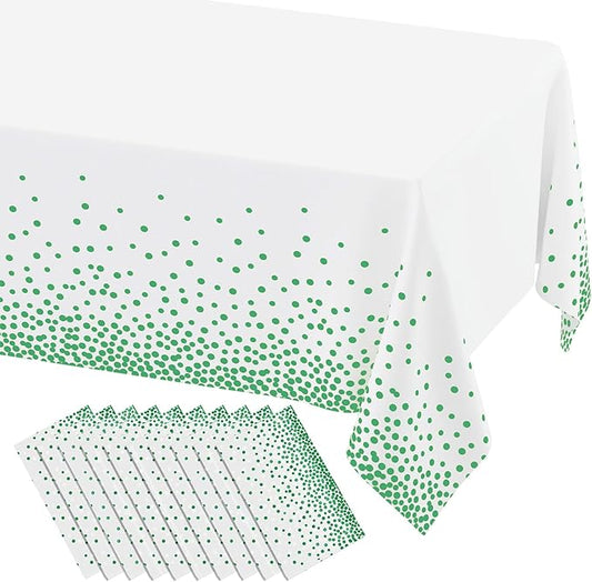 misaya 10 Packs Dot Disposable Table Cloth, 54 x 108 Inch Waterproof Plastic Tablecloth, Rectangle Green Dots in White Table Covers for Picnic, Birthday, Party