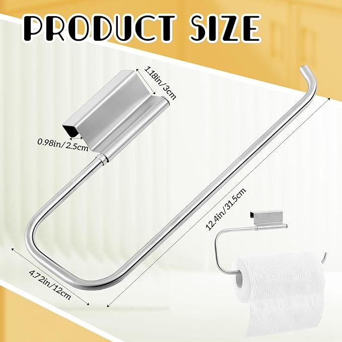12.4 Inches Cabinet Door Paper Towel Holder Camper Under Sink No Drilling Paper Towel Storage and Dispenser for RV Kitchen Bathroom Laundry Room, Stainless Steel(Silver,1 Pcs)