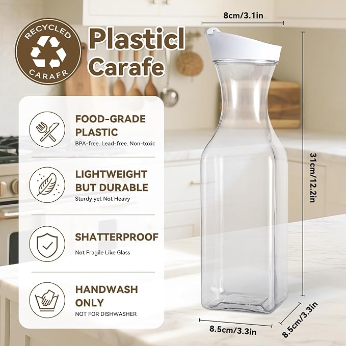 Set Of 2 Plastic Carafe With Lid, 50 Oz Mimosa Bar Supplies, Large Plastic Water Pitcher, Square Base Juice Containers For Party, Milk Container, Beverage Containers For Fridge- HAND WASH ONLY