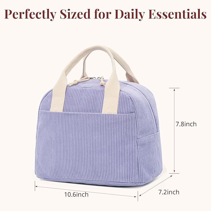 LOVELYWIND Insulated Purple Haze Lunch Bag for Women, Stylish Corduroy Tote with Aluminum Lining, Large Capacity Reusable Cooler for Work, Travel, or Beach, Beige Cream Water-Resistant Lunch Box