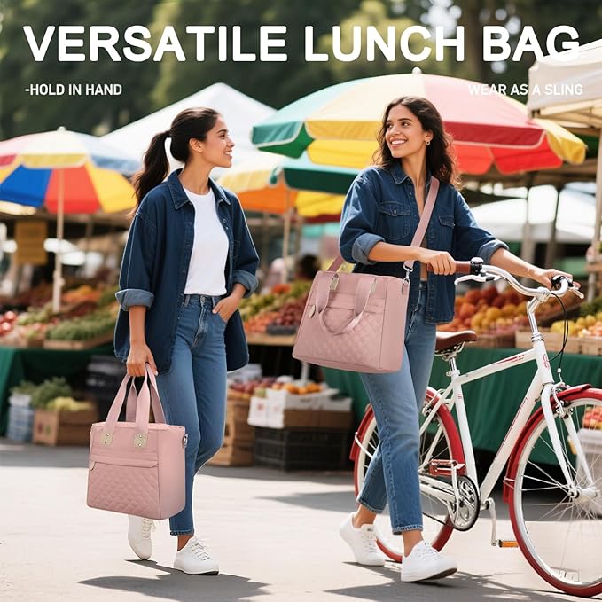 Insulated Lunch Box for Women & Men - Large Thermal Lunch Bag Women with Removable Shoulder Strap, Reusable Lunch Cooler Tote Bags Purse for Adults Work, Picnic, Hiking, Beach, Travel, Large，Pink