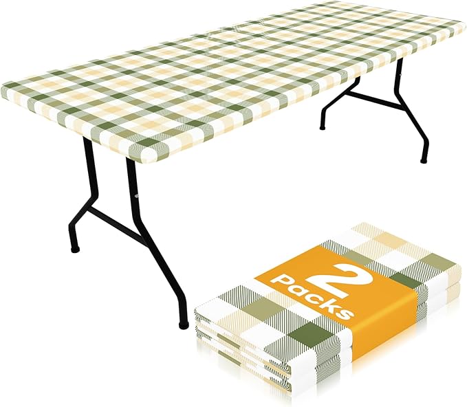 Smiry Picnic Table Cloth 2 Pack, Waterproof Elastic Fitted Tablecloths for 6FT Rectangle Tables, Washable Polyester Buffalo Plaid Tablecloth for Easter & Outdoor (Sage Green & Beige, 30" x 72")